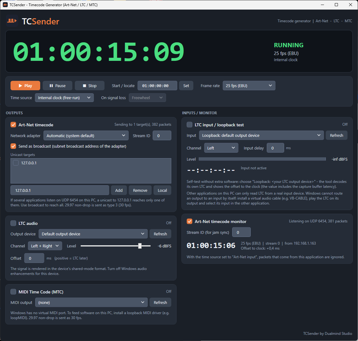 TCSender — Timecode-Generator für Art-Net, LTC und MTC